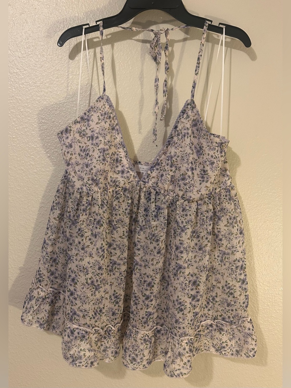 NWT Kirious Floral Babydoll Halter Top Size Large in Ivory and Purple